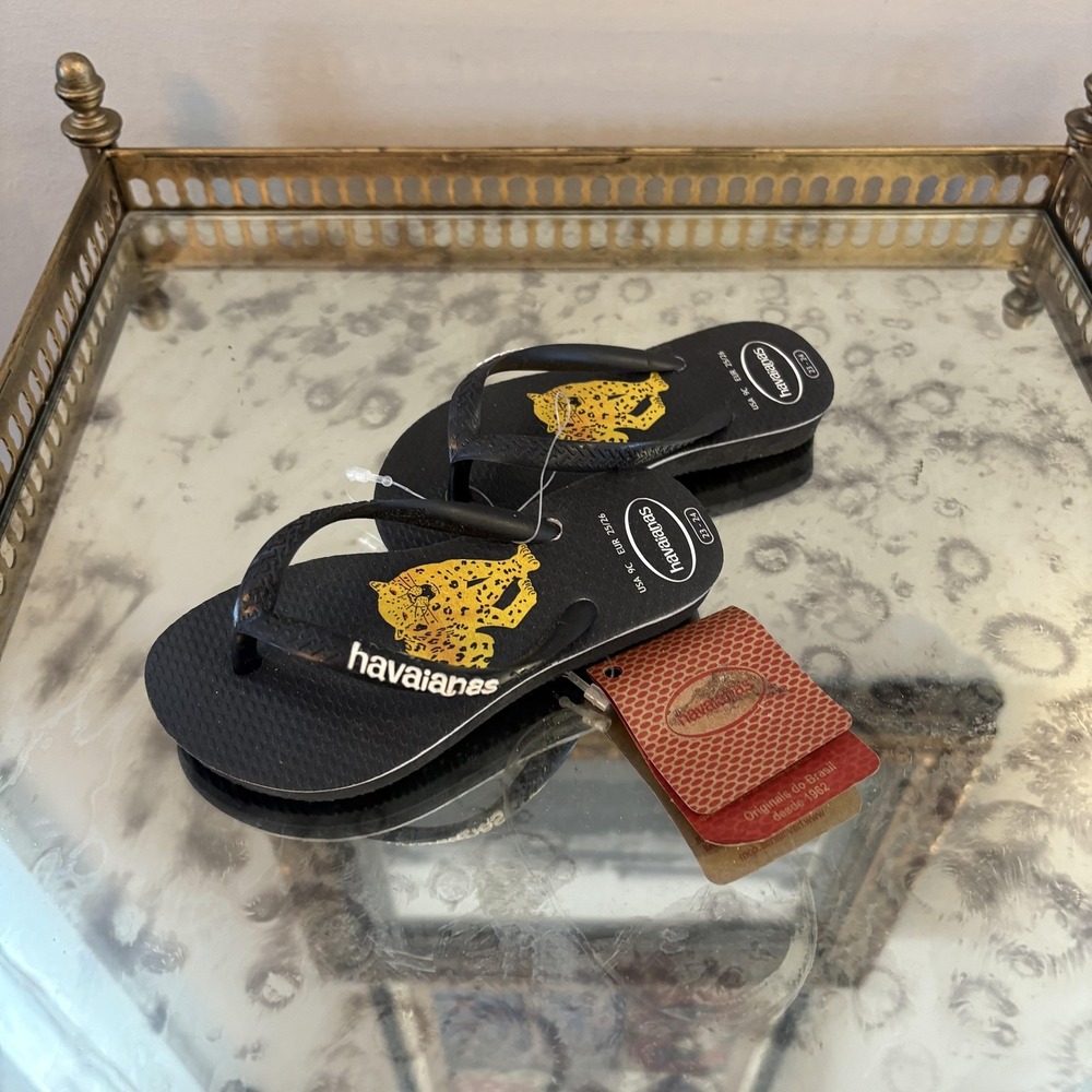 Havaianas Sandals Kids Size‎ 9C Black Leopard Flip Flops Made In Brazil